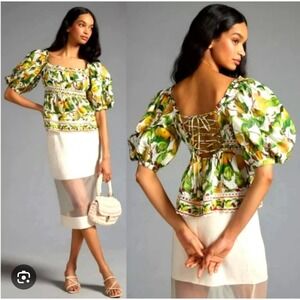 FARM Rio Fruit Orchard Puff Sleeve Blouse Crochet Trim XS NWT‎